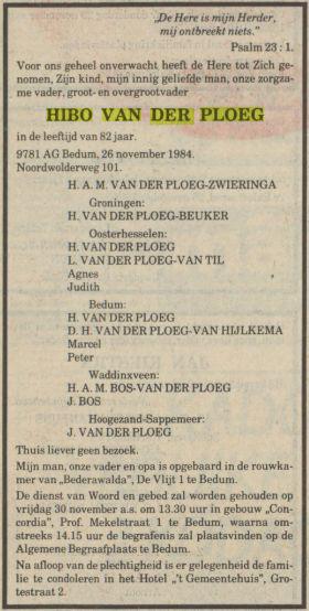 overlijdensadvertentie hibo van der ploeg in 1984.